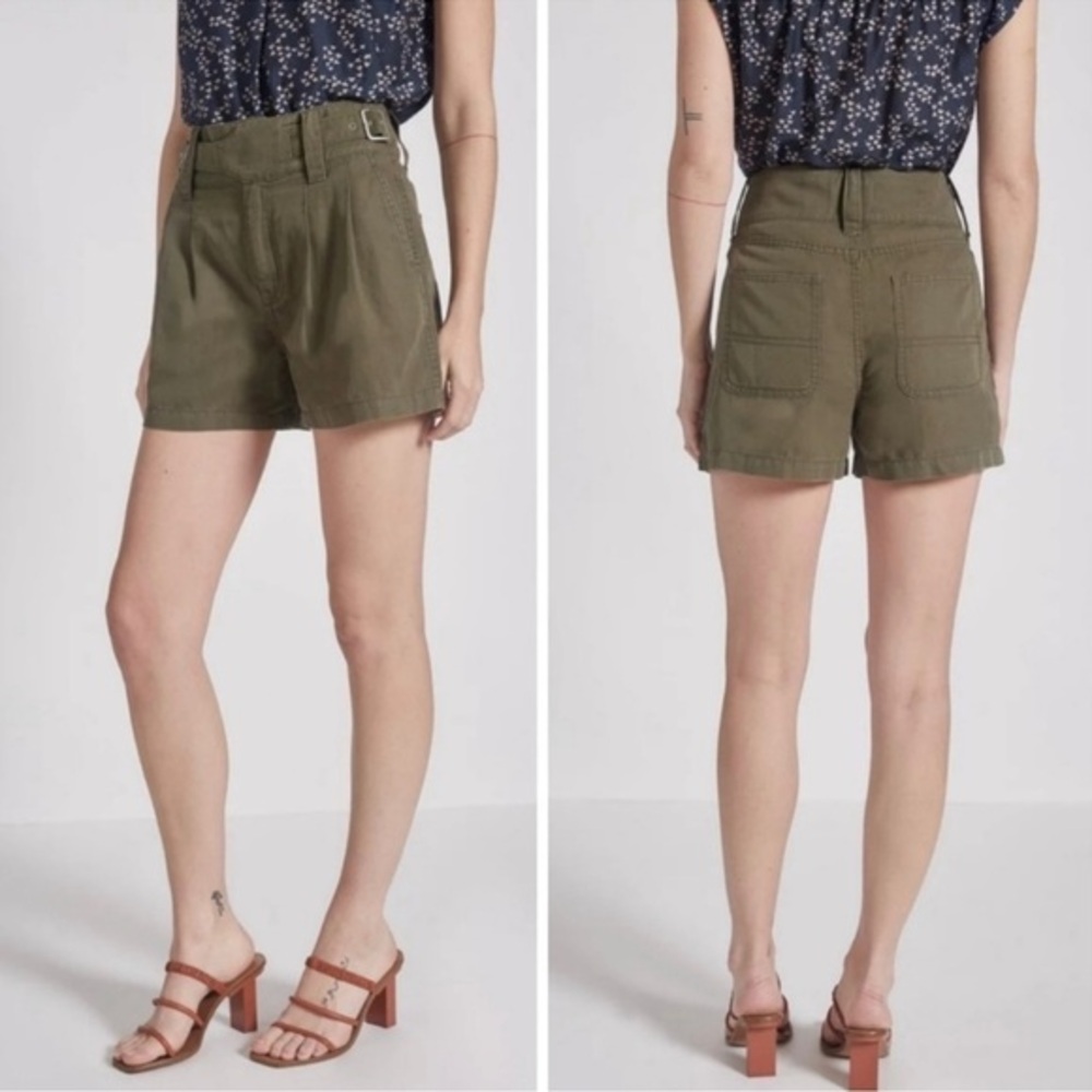 Current/Elliott The Baro Olive Green Pleated Shorts High Rise Belted Size 26